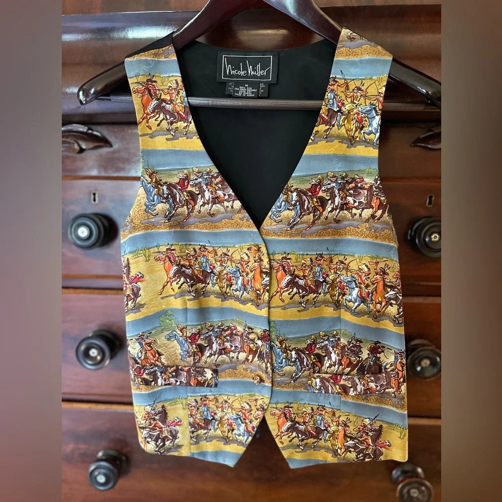 Vintage Nicole Miller Silk Western Multicolor Horse Vest with Cowboys & Indians - Picture 1 of 5